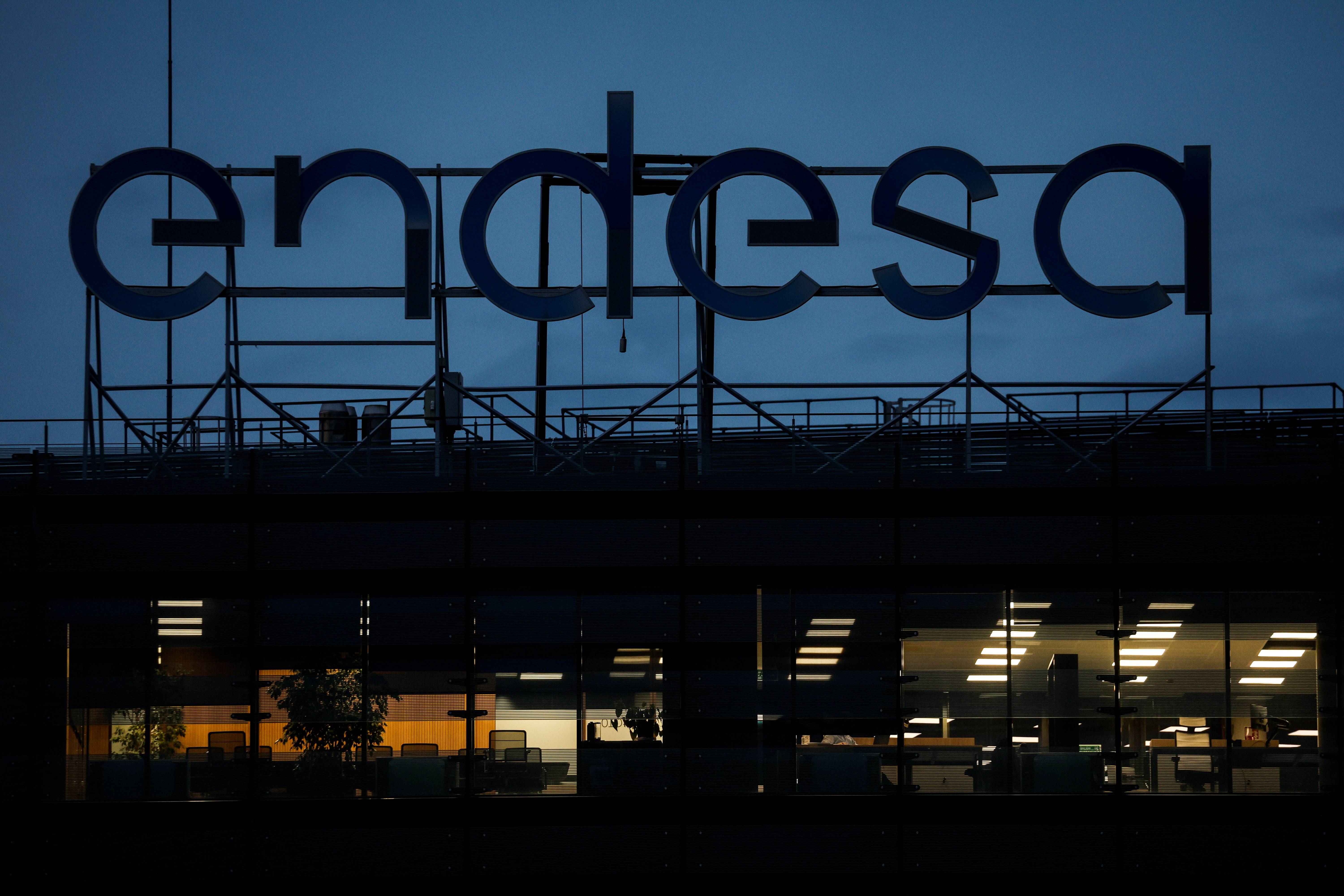 The logo of Spanish power company Endesa tops it headquarters in Madrid