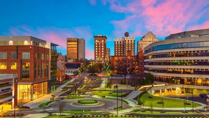 Downtown Greenville, South Carolina Skyline Cityscape Downtown Greenville, SC South Carolina Skyline Cityscape at Sunrise.
